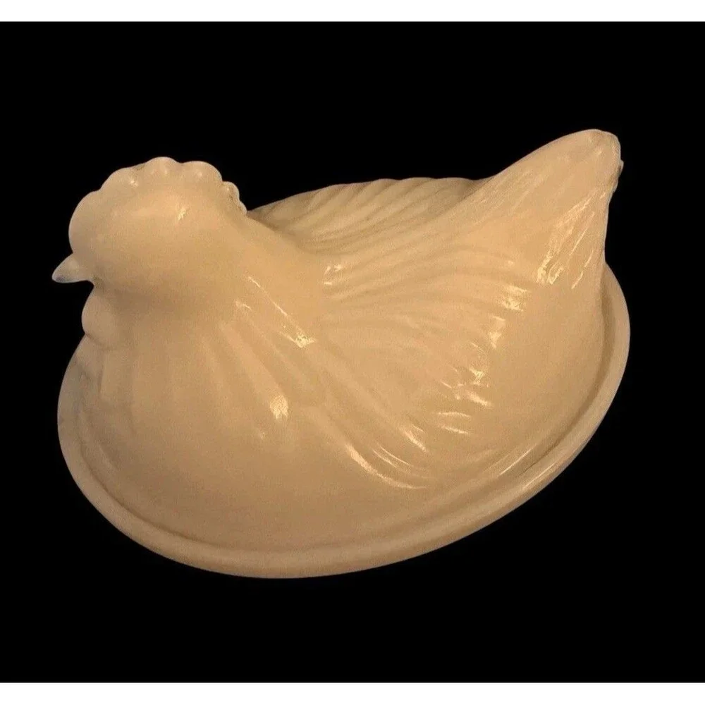 Vintage White Milk Glass Hen On Nest Medium Basket Candy Dish 4